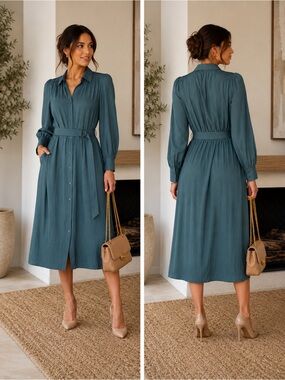Current Air Sage Green Belted Button Front Midi Shirt Dress Medium